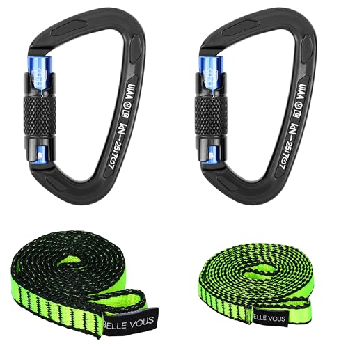 BELLE VOUS Automatisch verriegelnde Kletterkarabiner mit Nylonseil 2er Pack - Schwerlastkarabiner 25KN für Klettern, Hängematten, Camping - Karabiner Klettern - Kletterseil von BELLE VOUS