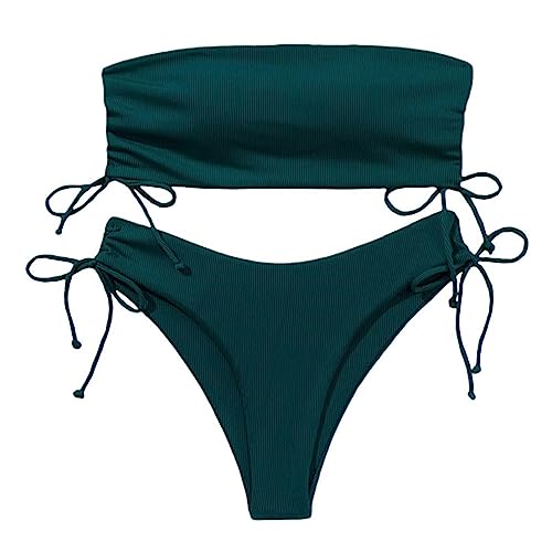 BELOWSYALER 2-teiliger Bandeau-Badeanzug für Damen, mit seitlichem Band, gerippt, mit Kordelzug, Bikini-Set für Urlaub, Surfen von BELOWSYALER