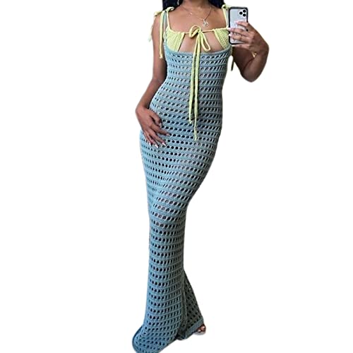 BELOWSYALER Ärmelloses, gehäkeltes Maxikleid für Damen, rückenfrei, gestrickt, Strand-Bikini, Badeanzug, Überzug von BELOWSYALER