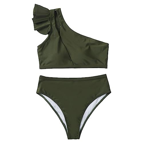 BELOWSYALER Rückenfreier Damen-Badeanzug, breite Träger, bequem, modisch, einfarbig, Schulter-Bikinis-Set, Bademode, Rüschenträger von BELOWSYALER