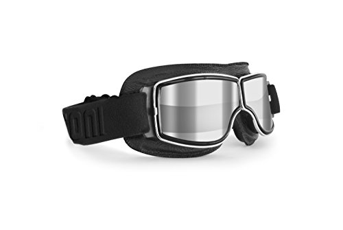 BERTONI Motorradbrille Schutzbrille für Harley Davidson Chopper und Scrambler aus schwarzem Leder und Chrom Rahmen (Transparente Linse - Silberspiegel) von BERTONI