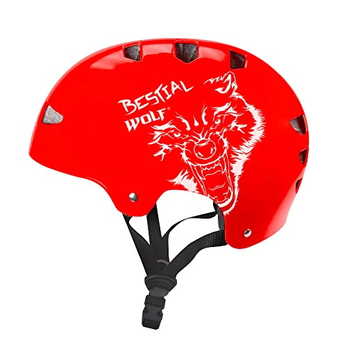 Bestial Wolf | Helm | Skateboard | Kinderroller | Freestyle-Scooter | Skate | Stunt-Scooter | BMX | CE-zugelassen | Sport & Outdoor | Verstellbar | Unisex | 8 bis 99 Jahre (Red) von BESTIAL WOLF