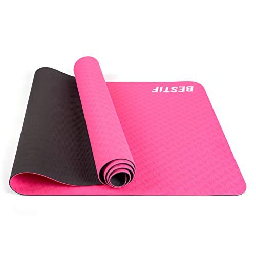 BESTIF Yogamatte rutschfest TPE 4mm Fitnessmatte Gymnastikmatte schadstofffrei Yoga Pilates Fitness 183 x 61 x 0,4cm (Schwarz-Rosa, 183 x 61 x 0,4 cm) von BESTIF