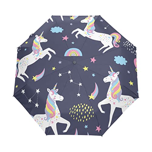 BEUSS Himmelsstern Einhorn Regenbogen Regenschirm Auf-Zu Automatik Taschenschirm Winddichter Umbrella Klein Leicht Schirm Kompakt Schirme für Jungen Mädchen Reise Strand Frauen, 88cm, Muster von BEUSS