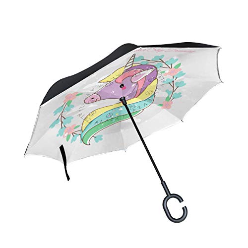 Buntes Pferd Einhorn Reversion Invertierter Umgekehrter Regenschirm Langschirm UV-Schutz Umbrella Winddicht Schirme für Auto Jungen Mädchen Frauen von BEUSS