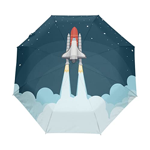 Rakete Himmel Weltraum Cartoon Regenschirm Auf-Zu Automatik Taschenschirm Winddichter Umbrella Klein Leicht Schirm Kompakt Schirme für Jungen Mädchen Reise Strand Frauen von BEUSS