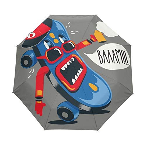 Süße Kunst Blau Skateboard Regenschirm Auf-Zu Automatik Taschenschirm Winddichter Umbrella Klein Leicht Schirm Kompakt Schirme für Jungen Mädchen Reise Strand Frauen von BEUSS
