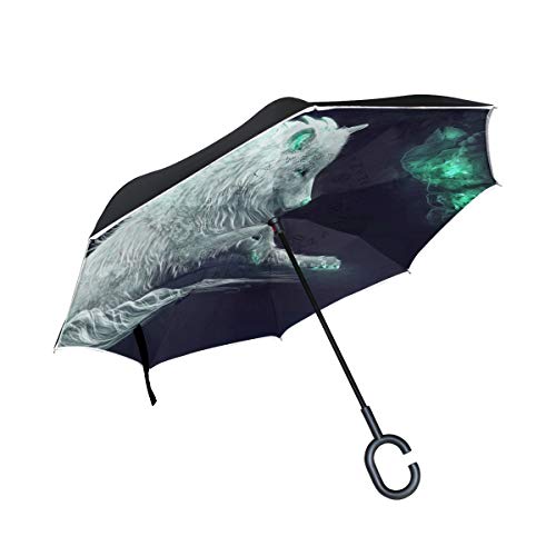 Weiße Wolf Dunkle Kunst Reversion Invertierter Umgekehrter Regenschirm Langschirm UV-Schutz Umbrella Winddicht Schirme für Auto Jungen Mädchen Frauen von BEUSS