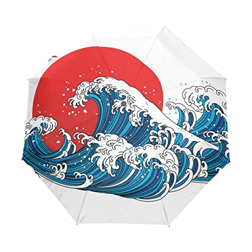 Wellen Japan Meer Sonne Regenschirm Auf-Zu Automatik Taschenschirm Winddichter Umbrella Klein Leicht Schirm Kompakt Schirme für Jungen Mädchen Reise Strand Frauen von BEUSS