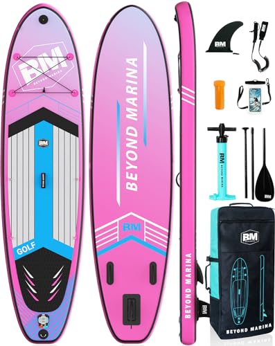 BEYOND MARINA Sup Board, Stand Up Paddling Board, Paddle Board, Aufblasbares Paddleboard Surfboard Wassersport, Pumpe, Rucksack, Paddel, Leash, 320 x81 x15CM, Streifen-Rosa von BEYOND MARINA