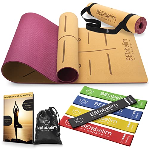 BEfabelim® Rutschfeste Yogamatte Aus Kork & TPE, Inkl. Fitnessbänder 5er Set, Tragegurt & E-Book, 6mm Dicke, Extra Breit, Nachhaltige Yoga Matte Für Fitness, Gymnastik, Pilates 183 x 66 x 0,6 cm von BEfabelim