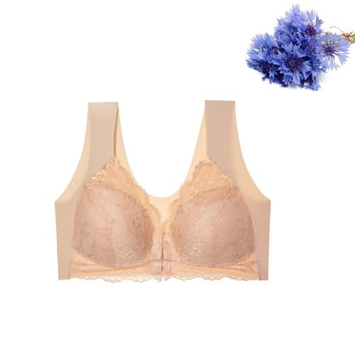 BFDSGWQ BHS mit Frontverschluss für Damen, Bequeme Spitzen-Bralette ohne Bügel für jeden Tag, Bügelloser sexy Push-Up-BH ohne Bügel (Skin,M) von BFDSGWQ