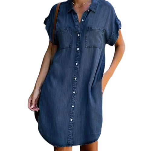 BFDSGWQ Damen-Jeanshemdkleider mit Knopfleiste, Strandkleid in großer Größe mit V-Ausschnitt, kurzen Ärmeln und Taschen, Jeans, langes Kleid, Bademantel (Dark Blue,3XL) von BFDSGWQ
