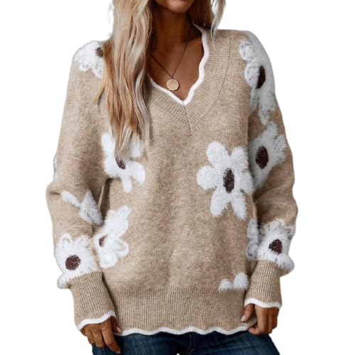 BFDSGWQ Damenpullover mit Blumenmuster und Muschelrand, Sexy Strickpullover mit V-Ausschnitt und überschnittenen Schultern, Lockerer Pullover für Damen (Khaki,XL) von BFDSGWQ