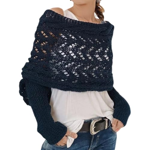 BFDSGWQ Gestrickter Zopfmuster-Pulloverschal, Gestrickter Zopfmuster-Pulloverschal mit Ärmeln für Damen, Gemütlicher Ärmel-Wickelschal (Dark Blue,One Size) von BFDSGWQ