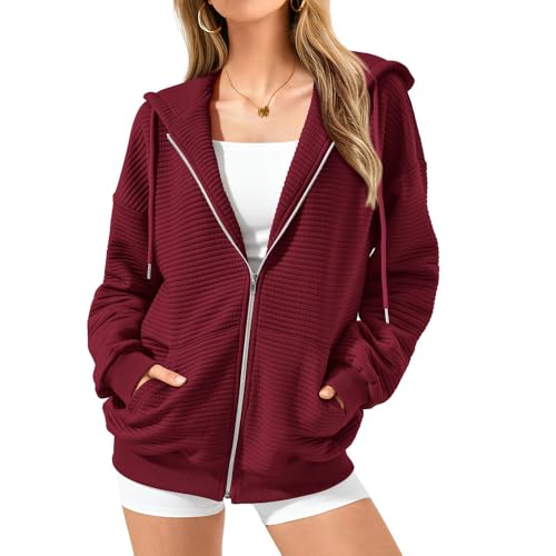 BFDSGWQ Herbst-Kapuzenpullover mit Reißverschluss für Damen, Herbst-Outfits mit langärmeligen Sweatshirts, Lässige, einfarbige Y2K-Jacken mit Taschen (Dark Red,L) von BFDSGWQ