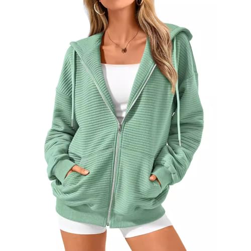 BFDSGWQ Herbst-Kapuzenpullover mit Reißverschluss für Damen, Herbst-Outfits mit langärmeligen Sweatshirts, Lässige, einfarbige Y2K-Jacken mit Taschen (Light Green,S) von BFDSGWQ