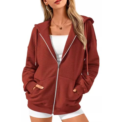 BFDSGWQ Herbst-Kapuzenpullover mit Reißverschluss für Damen, Herbst-Outfits mit langärmeligen Sweatshirts, Lässige, einfarbige Y2K-Jacken mit Taschen (Red,M) von BFDSGWQ