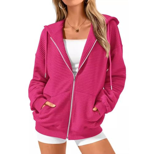 BFDSGWQ Herbst-Kapuzenpullover mit Reißverschluss für Damen, Herbst-Outfits mit langärmeligen Sweatshirts, Lässige, einfarbige Y2K-Jacken mit Taschen (Rose Red,XXL) von BFDSGWQ