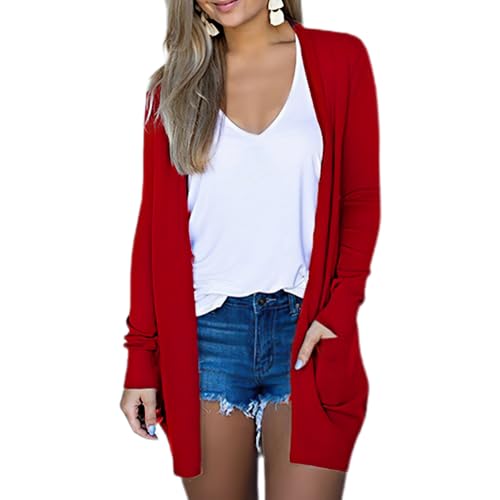 BFDSGWQ Lässige, leichte Strickjacken mit offener Vorderseite für Damen, Langärmlige Blusen mit Taschen, Lässige Strickoberteile für den Herbst (Red,M) von BFDSGWQ