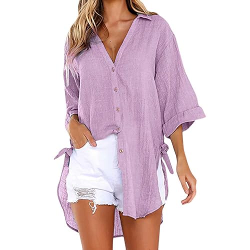 BFDSGWQ Lässige Button-Down-Hemden mit V-Ausschnitt und 3/4-Ärmeln, Leichtes, lockeres, lässiges, modisches Hemd, Blusen für Damen (Purple,M) von BFDSGWQ