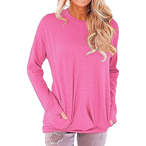 BFDSGWQ Lässige Tunika-Oberteile für den Herbst für Damen, Lässiges Tunika-Oberteil mit Rundhalsausschnitt und Langen Ärmeln, Bequeme Blusen mit Taschen (Hot Pink,XL) von BFDSGWQ