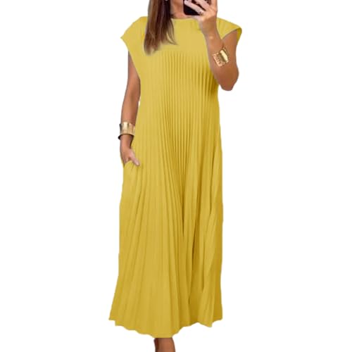 BFDSGWQ Plissiertes, Schlichtes, einfarbiges Damenkleid, Lässiges, kurzärmliges, fließendes, schwingendes, Plissiertes Maxikleid mit Rundhalsausschnitt (Yellow,XXXL) von BFDSGWQ