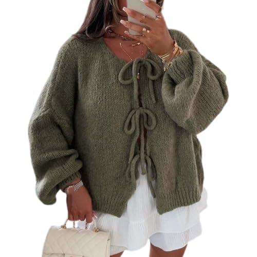 BFDSGWQ Pullover mit Bindeband vorne für Damen, Grob gestrickte, Trendige Strickjacken mit Langen Puffärmeln, Lässige, einfarbige, übergroße Strickoberteile (Green,XL) von BFDSGWQ