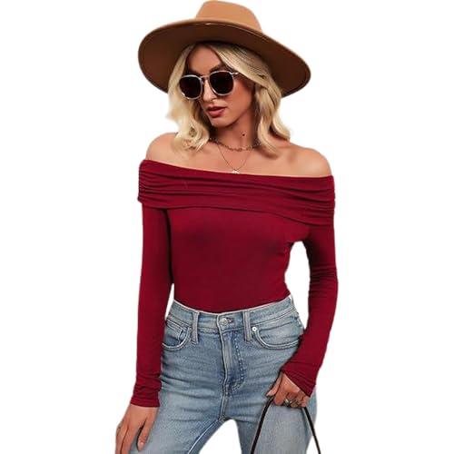 BFDSGWQ Sexy schulterfreie Tops für Damen, Langärmlige Slim Fit Stretch-T-Shirts, Y2K Ausgeh-T-Shirt (Dark Red,M) von BFDSGWQ