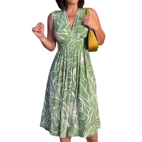 BFDSGWQ Sommerkleid für Damen, Ärmelloses Kleid mit V-Ausschnitt und Taillenbetonung, Lässiges Boho-Midikleid mit Falten und Blumenmuster (Green,XXL) von BFDSGWQ