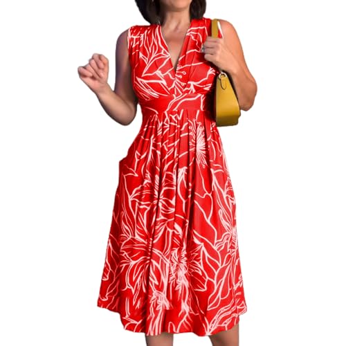 BFDSGWQ Sommerkleid für Damen, Ärmelloses Kleid mit V-Ausschnitt und Taillenbetonung, Lässiges Boho-Midikleid mit Falten und Blumenmuster (Red,XXL) von BFDSGWQ