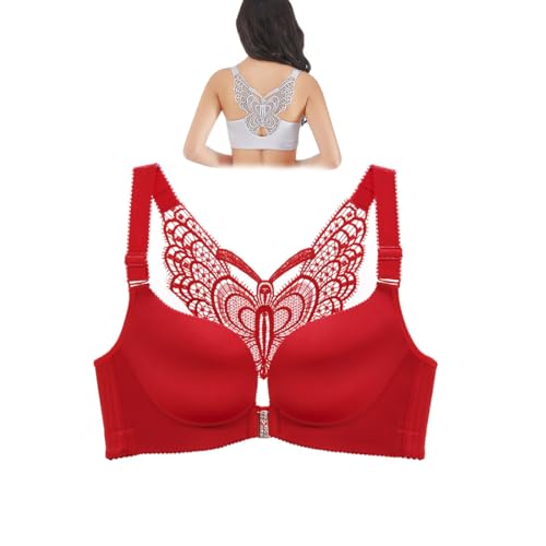 BFDSGWQ Spitzen-Schmetterlings-Komfort-BH mit Vorderverschluss hinten, Drahtloser Push-Up-BH für Damen, Sexy Korsett-BH, BHS mit Schnalle vorne (34/75C,Red) von BFDSGWQ