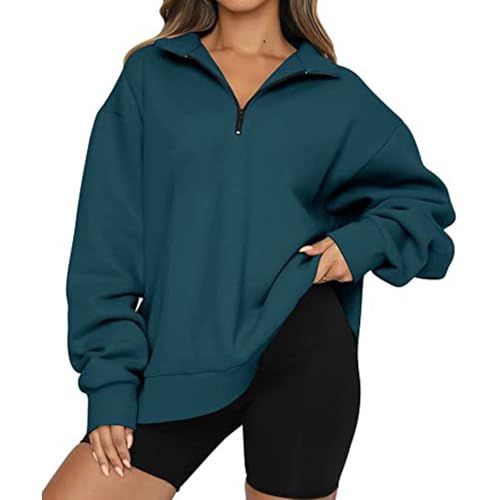 BFDSGWQ Sweatshirt mit halbem Reißverschluss für Damen, Trendige langärmlige Pullover mit halbem Reißverschluss, Y2K-Kapuzenpullover in einfarbiger Freizeitoptik (Dark Green,XL) von BFDSGWQ