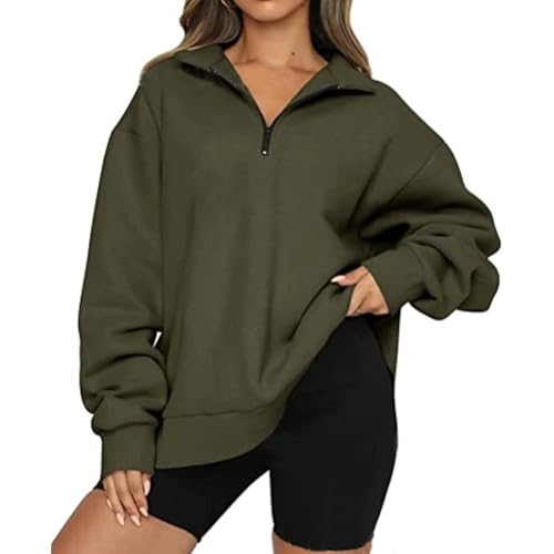 BFDSGWQ Sweatshirt mit halbem Reißverschluss für Damen, Trendige langärmlige Pullover mit halbem Reißverschluss, Y2K-Kapuzenpullover in einfarbiger Freizeitoptik (Green,M) von BFDSGWQ