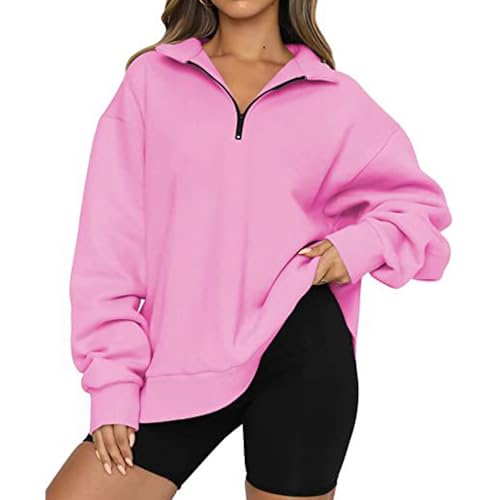 BFDSGWQ Sweatshirt mit halbem Reißverschluss für Damen, Trendige langärmlige Pullover mit halbem Reißverschluss, Y2K-Kapuzenpullover in einfarbiger Freizeitoptik (Pink,XL) von BFDSGWQ