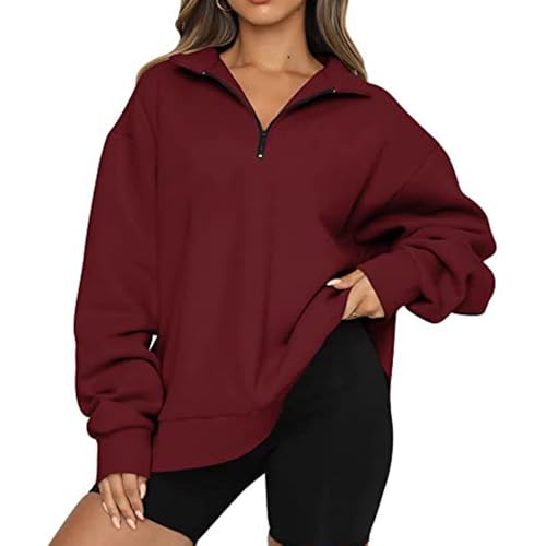 BFDSGWQ Sweatshirt mit halbem Reißverschluss für Damen, Trendige langärmlige Pullover mit halbem Reißverschluss, Y2K-Kapuzenpullover in einfarbiger Freizeitoptik (Wine Red,L) von BFDSGWQ