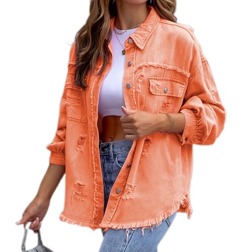 BFDSGWQ Übergroße Jeansjacke mit zerrissenen Fransen für Damen, Jeansjacke mit zerrissenen Fransen, Jeansjacke mit Taschen (Orange,L) von BFDSGWQ