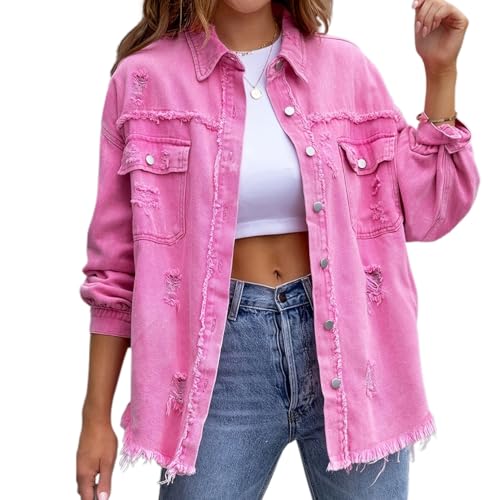 BFDSGWQ Übergroße Jeansjacke mit zerrissenen Fransen für Damen, Jeansjacke mit zerrissenen Fransen, Jeansjacke mit Taschen (Rose Red,L) von BFDSGWQ