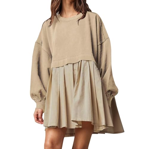 BFDSGWQ Übergroßes Sweatshirtkleid für Damen, Langärmliges Rundhals-Plissee-Kleid, Lässiger Patchwork-Plissee-Pullover (Khaki,XL) von BFDSGWQ