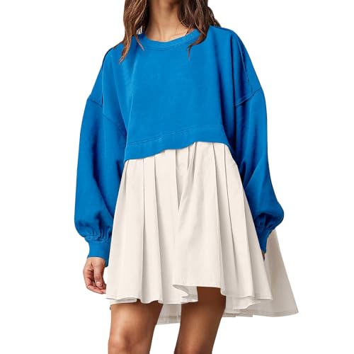 BFDSGWQ Übergroßes Sweatshirtkleid für Damen, Langärmliges Rundhals-Plissee-Kleid, Lässiger Patchwork-Plissee-Pullover (Sky Blue + White,M) von BFDSGWQ