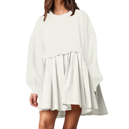 BFDSGWQ Übergroßes Sweatshirtkleid für Damen, Langärmliges Rundhals-Plissee-Kleid, Lässiger Patchwork-Plissee-Pullover (White,L) von BFDSGWQ