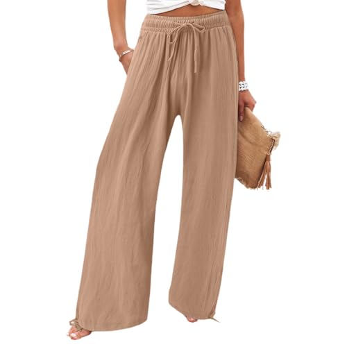 BFDSGWQ Weite Damenhose, Lässige, locker sitzende, hohe Taille, Kordelzug, leichte, Lange Palazzo-Gazehose (Khaki,L) von BFDSGWQ