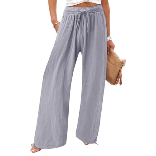 BFDSGWQ Weite Damenhose, Lässige, locker sitzende, hohe Taille, Kordelzug, leichte, Lange Palazzo-Gazehose (Light Grey,4XL) von BFDSGWQ