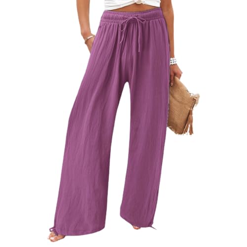 BFDSGWQ Weite Damenhose, Lässige, locker sitzende, hohe Taille, Kordelzug, leichte, Lange Palazzo-Gazehose (Purple,2XL) von BFDSGWQ