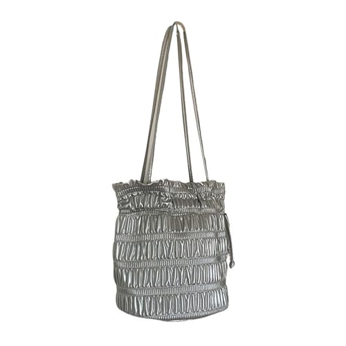 Frauen Plissee Umhängetasche Silber Eimer Tasche PU Leder Casual Achsel Tasche Kordelzug Handtasche Alle Passende Unterarm Tasche von BFLKY