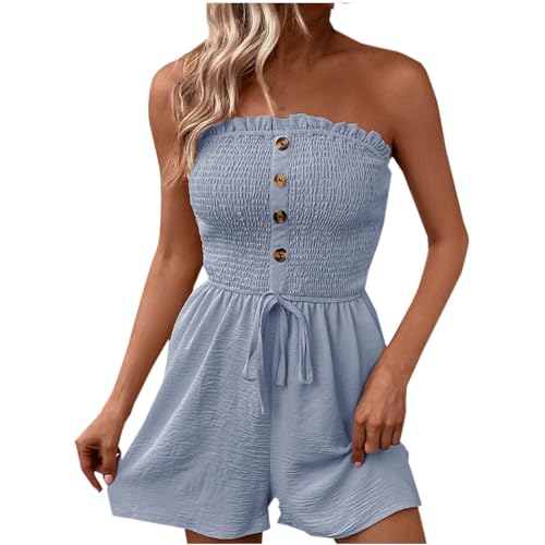 BFSWL Dankeschön Geschenke Jumpsuit Damen Sommer Kurz Overall Elastische Wickelbrust Romper Schulterfrei Einteiler Shorts Ärmellos Rückenfrei Playsuit Patchwork Onesie mit Knöpfe Sexy von BFSWL