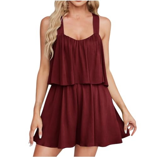 BFSWL Die Discounter Jumpsuits für Damen Sommer Kurz Overall Schulterfrei Einteiler Shorts Ausgefallene Onesie Latzhose Fließend Weites Bein Romper Sexy Einfarbig Ärmellos Playsuit 2024 von BFSWL