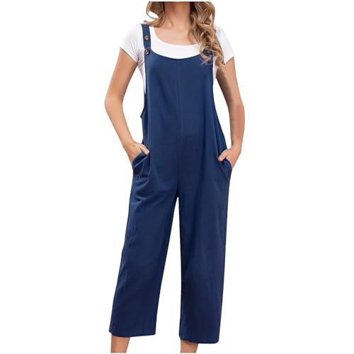 Der Discounter Latzhose Damen Ärmellos Lange Overall Sommer Lässig Jumpsuit Locker Einfarbig Playsuit Strampler mit Knöpfe Baggy Einfarbig Onesie Tachen Romper Einteiler Trägerhose Weites Bein von BFSWL