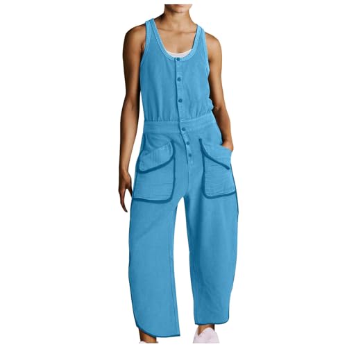 Jumpsuits für Damen Sommer Overalls Ärmellos Playsuit Einfarbig Latzhose Romper mit Taschen Lässig Luftig Outfit Knöpfe Strampler Baggy Einteiler Onesie Sommerhose Trend 2024 Streetwear von BFSWL