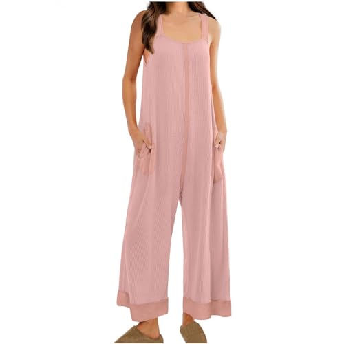 Latzhose Damen Sommer Waffel Jumpsuit Weites Bein Overall Baggy Ärmellos Lang Hose Lässig Arbeitshose Einfarbig Strampler Latzhosen mit Schnürung Romper für Frauen Playsuit mit Taschen von BFSWL